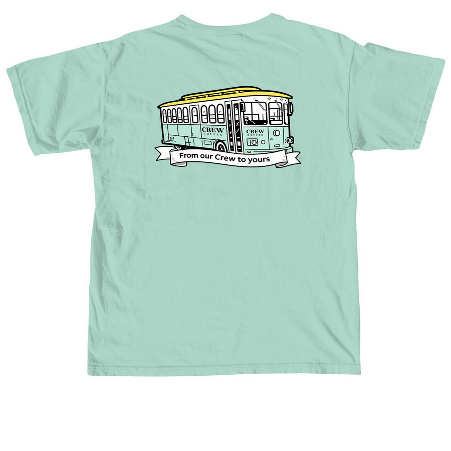 Pink Crew Logo & Trolley, a Chalky Mint Comfort Colors Unisex Tee (back-view)