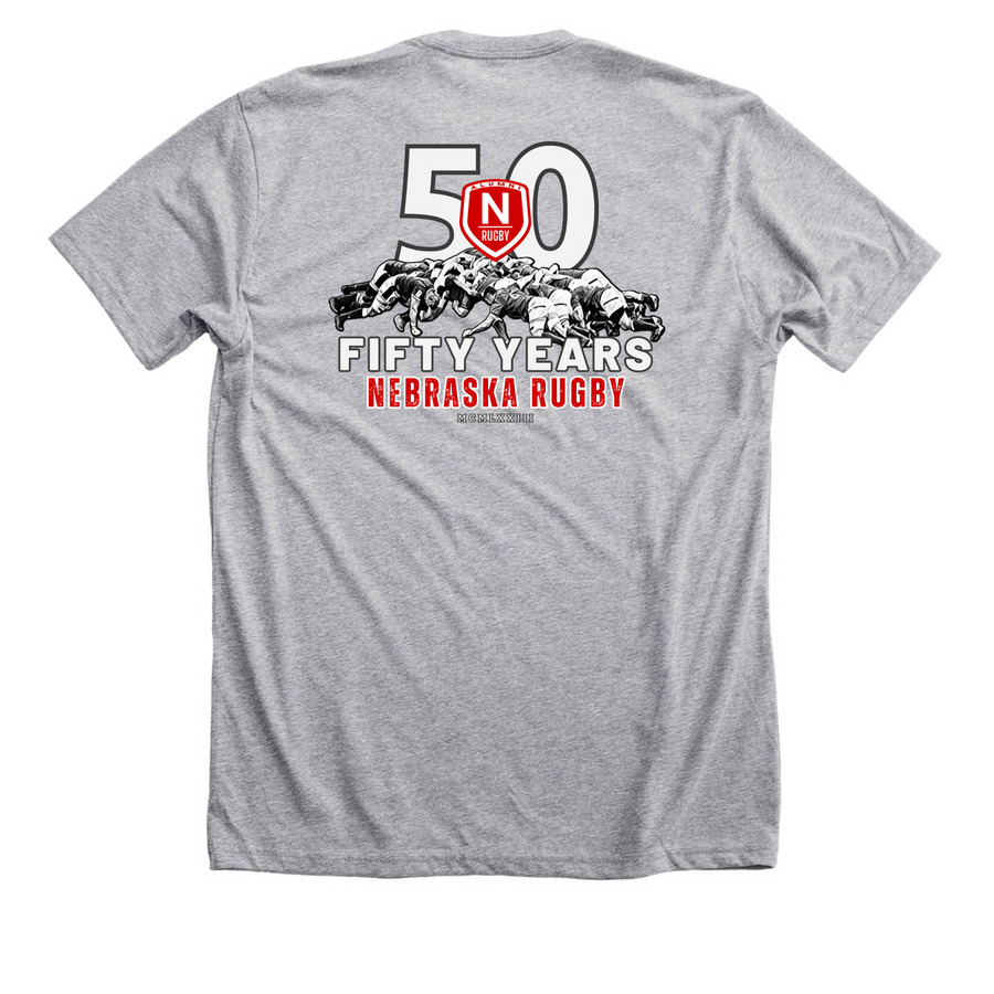 UNL Rugby's 50th Anniversary, a Athletic Heather Premium Unisex Tee (back-view)