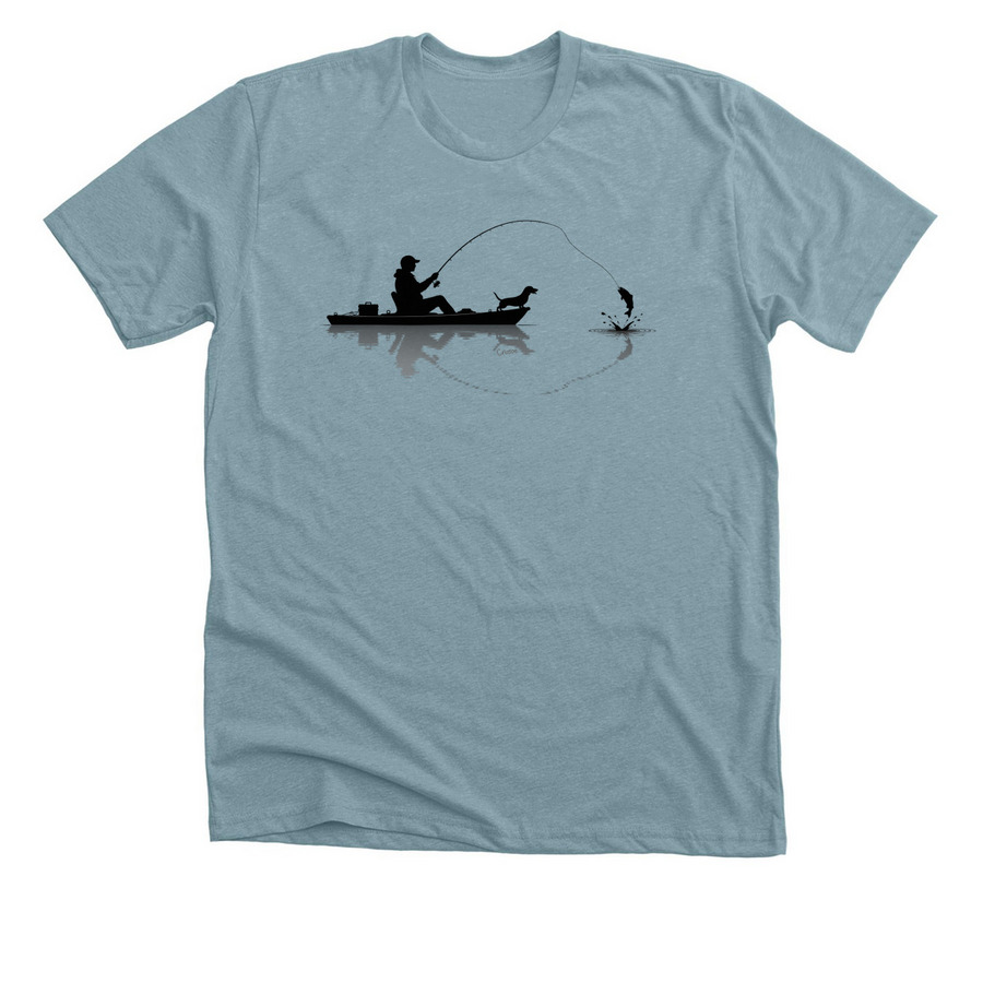Crusoe Kayak Fishing Silhouette, a Heather Blue Lagoon Premium Unisex Tee