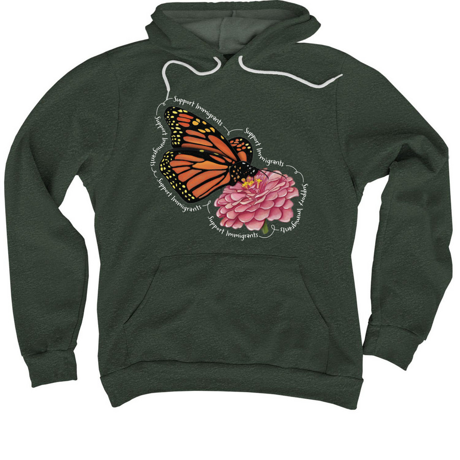 Support Immigrants (white text), a Heather Forest Premium Pullover Hoodie