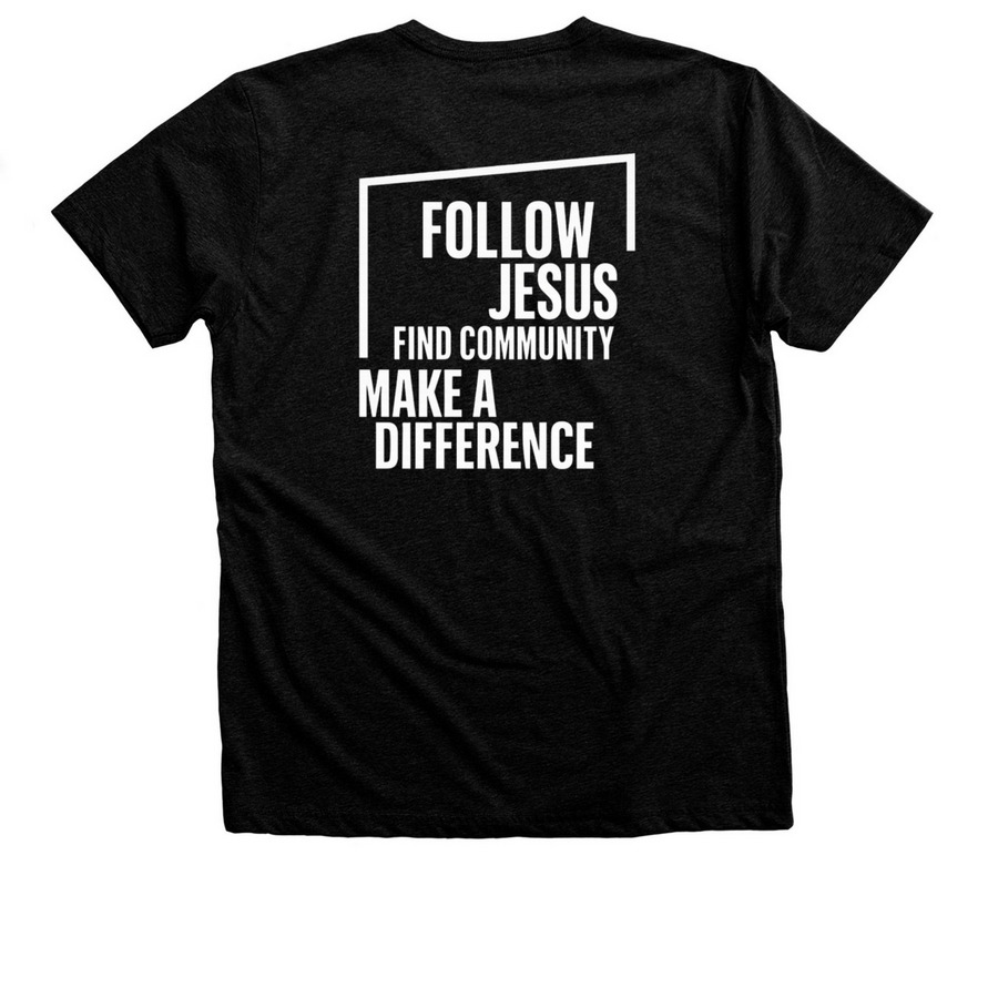 The Mission II, a Black Heather Premium Unisex Tee (back-view)