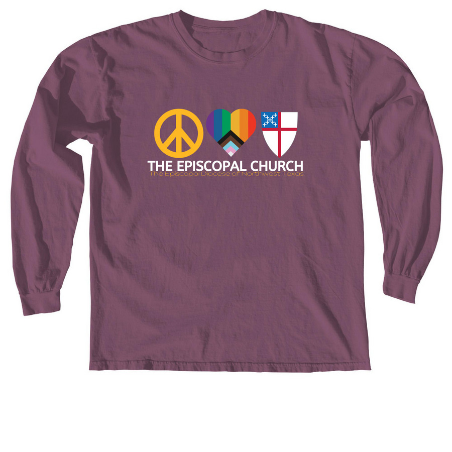 Peace, Love Episcopal, a Berry Comfort Colors Long Sleeve Tee