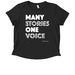 Many Stories One Voice, a Deep Black Allmade Eco Triblend Women?s Scoop Neck Tee