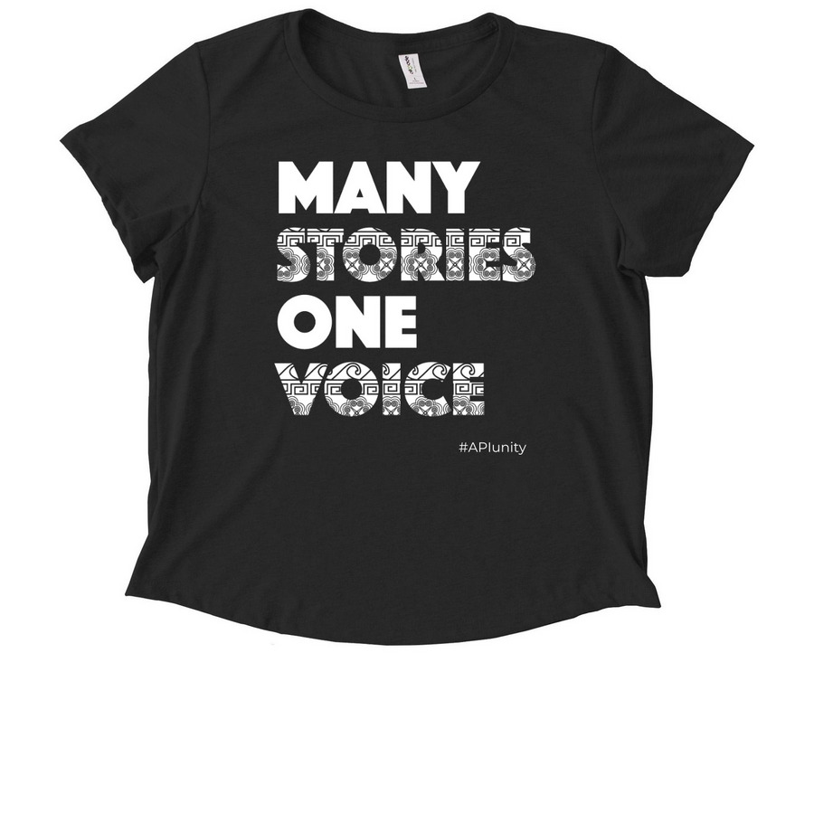 Many Stories One Voice, a Deep Black Allmade Eco Triblend Women?s Scoop Neck Tee