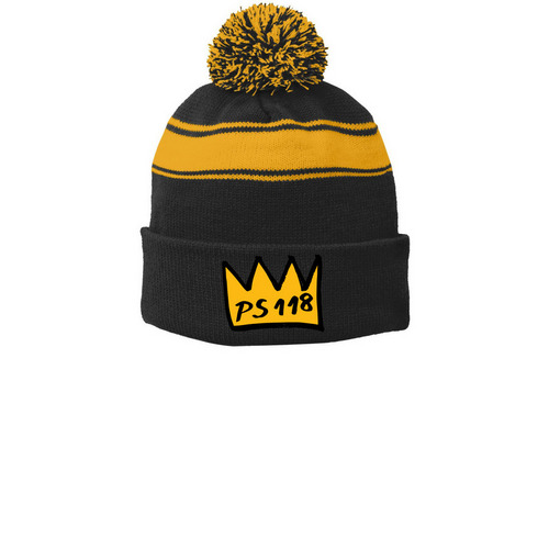 PS 118 Knit Hats (Crown Logo), a Black/ Gold Printed Stripe Pom-Pom Beanie