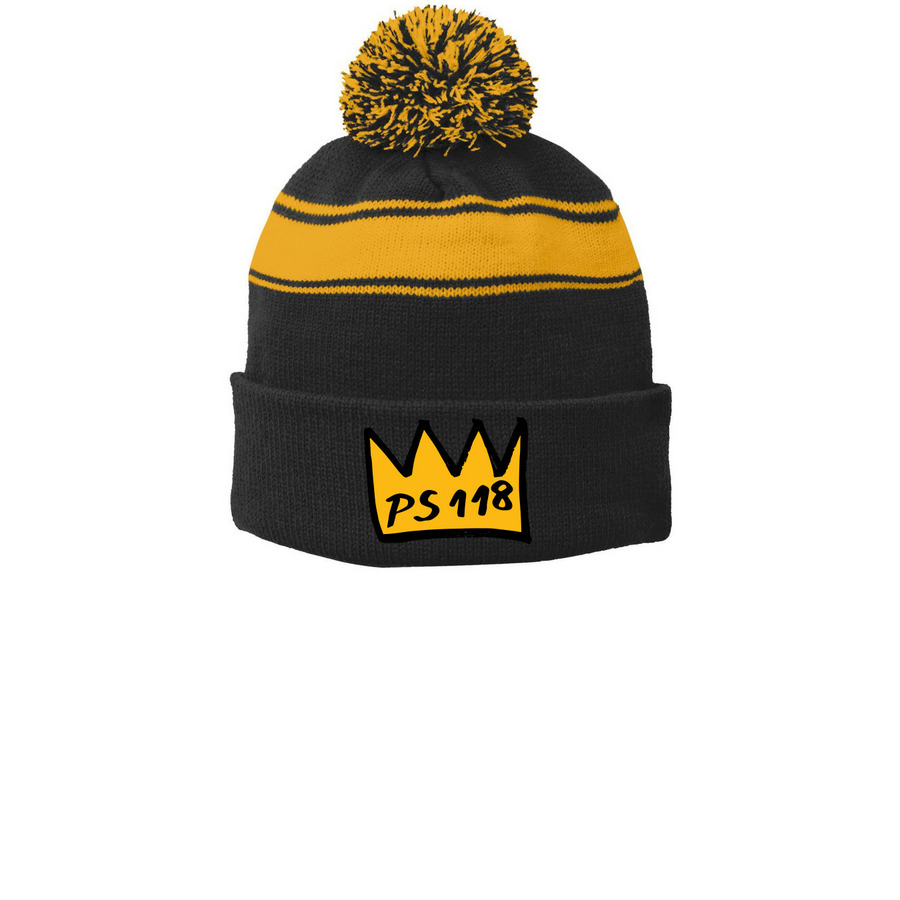 PS 118 Knit Hats (Crown Logo), a Black/ Gold Printed Stripe Pom-Pom Beanie