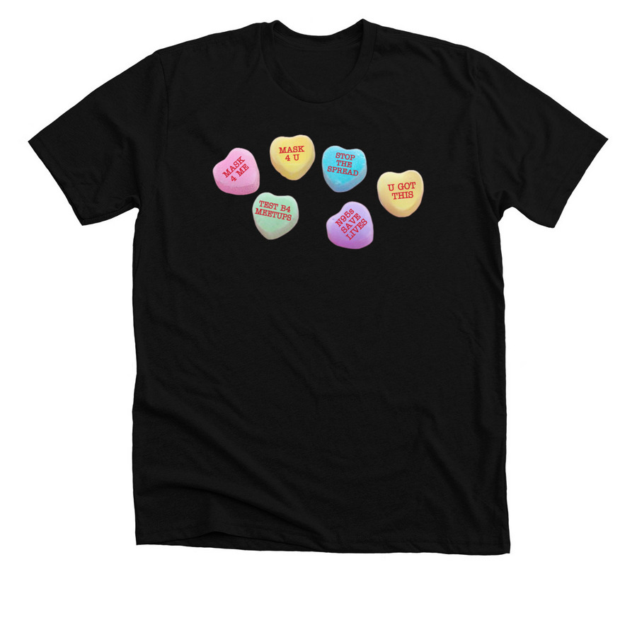 Covid-Conscious Conversation Hearts, a Solid Black Blend Premium Unisex Tee