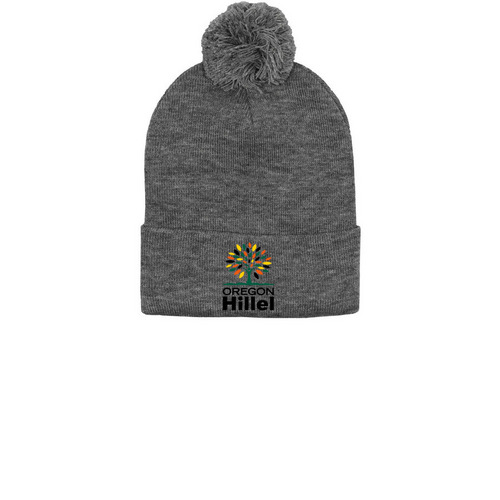 Oregon Hillel Beanie's!, a Dark Heather Grey Printed Pom-Pom Beanie