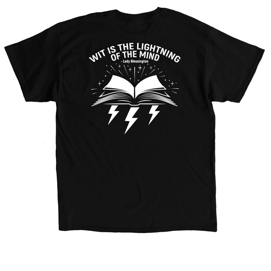 West Side Books Wit and Lightning, a Black Classic Unisex Tee (back-view)