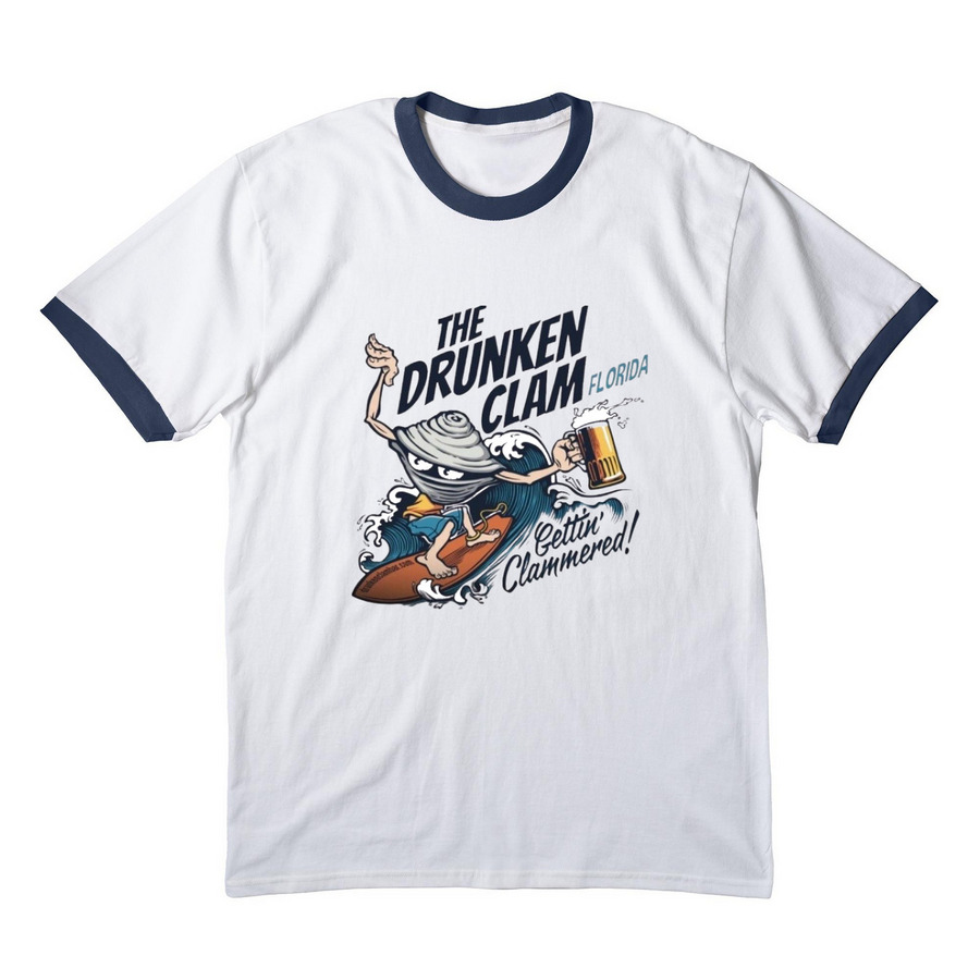 The Drunken Clam Tshirt, a White/ Navy Cotton Ringer Tee
