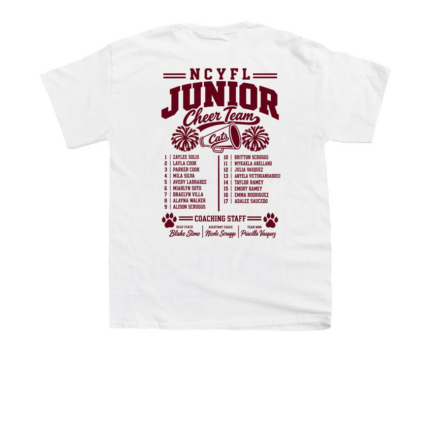 JUNIOR CHEER ROSTER, a White Youth Unisex Tee (back-view)