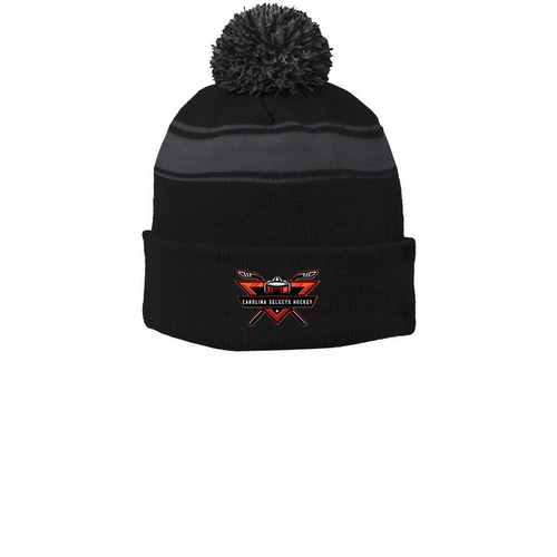 CSH Beanies, a Black/ Iron Grey Printed Stripe Pom-Pom Beanie