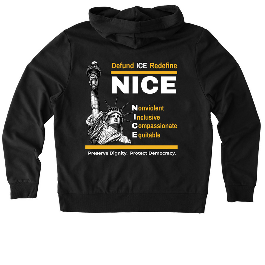 Be NICE Protect Democracy, a Deep Black Allmade Organic French Terry Zip Up Hoodie (back-view)