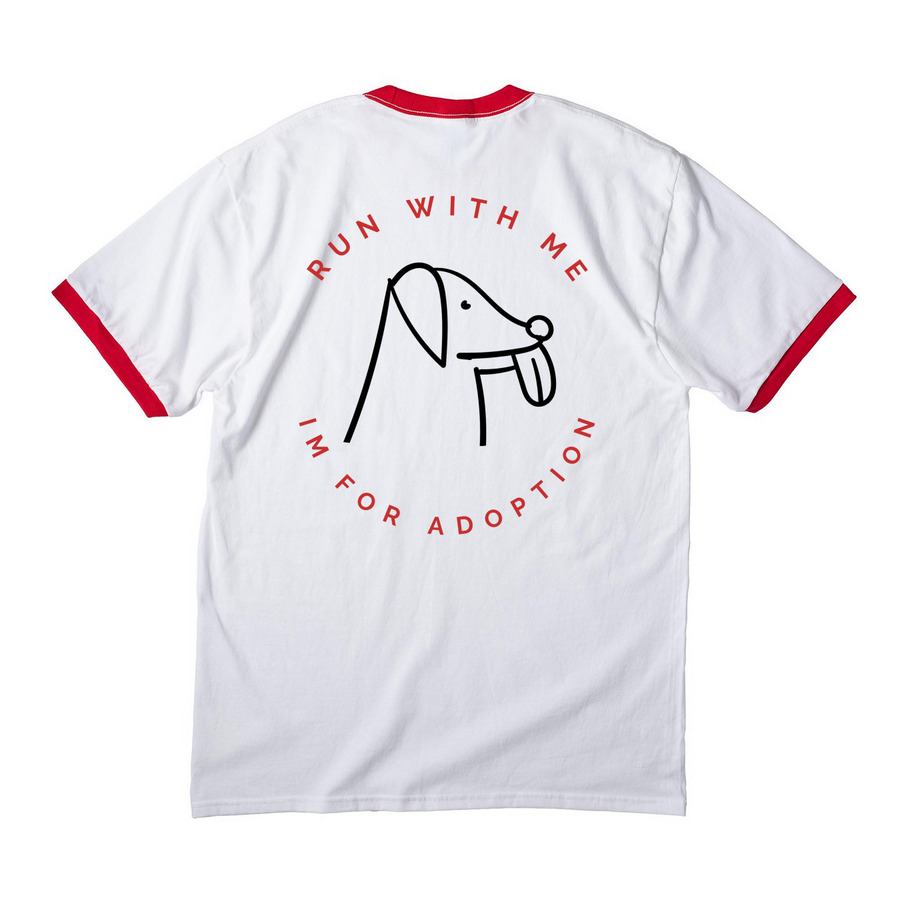 The "RUN WITH ME" Tee, a White/ Red Cotton Ringer Tee (back-view)