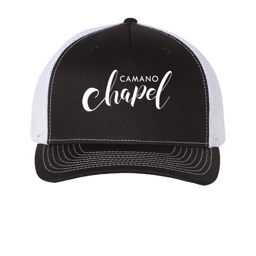 Camano Chapel - Trucker Hat, a Black/ White Printed Five-Panel Trucker Cap
