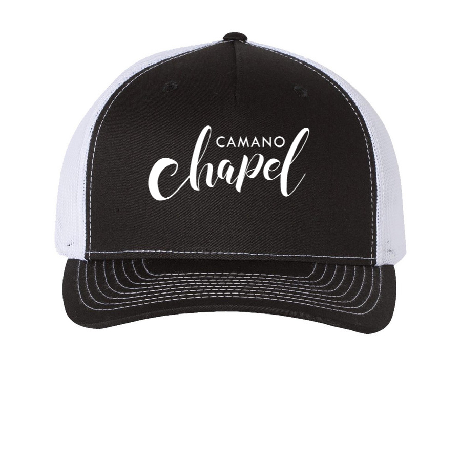 Camano Chapel - Trucker Hat, a Black/ White Printed Five-Panel Trucker Cap