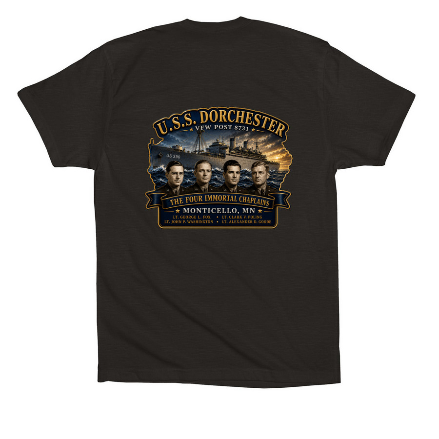 Four Immortal Chaplains&nbsp;, a Black Premium Cotton Tee (back-view)