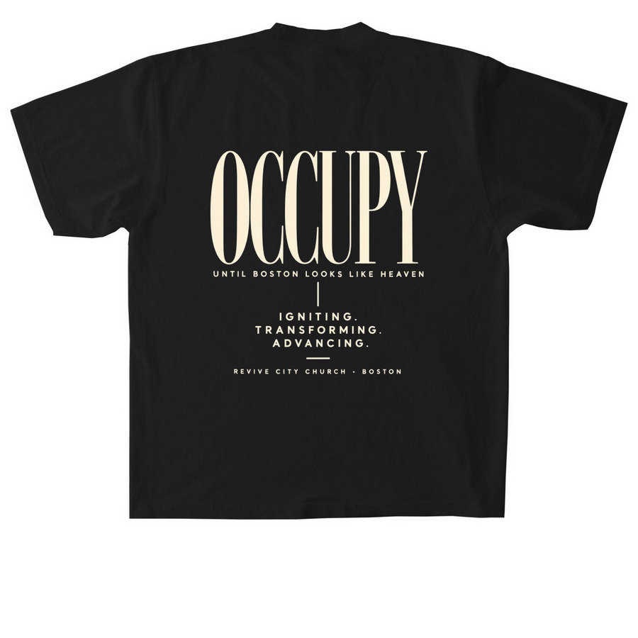OCCUPY Until Boston Looks Like Heaven, a Black Heavyweight Garment Dye Tee (back-view)