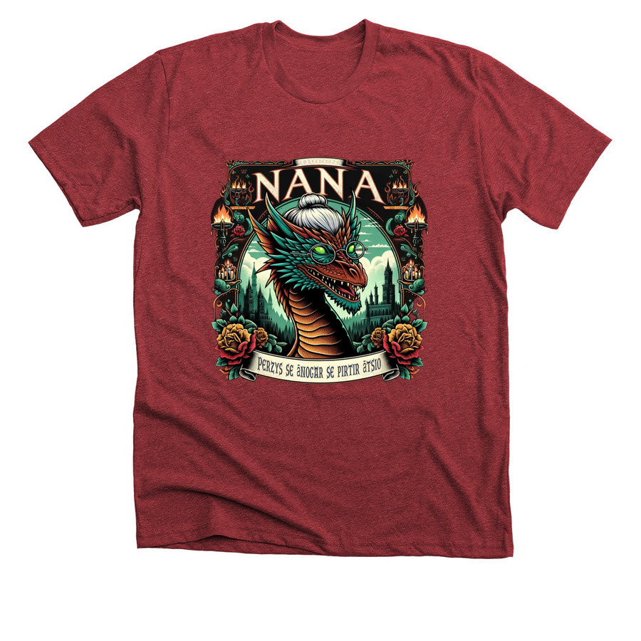 Nana Vhagar: Fire, Blood, and Fake Teeth, a Heather Canvas Red Premium Unisex Tee