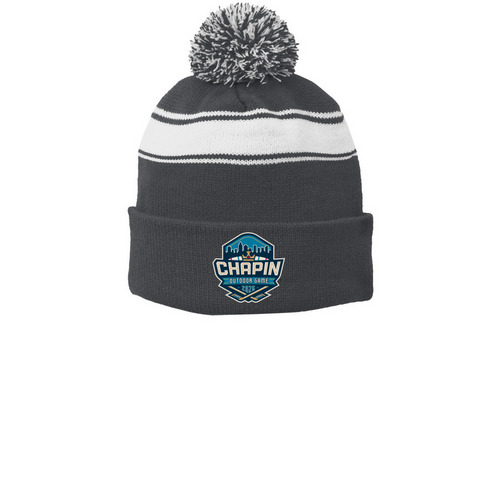 COG Beanies, a Iron Grey/ White Printed Stripe Pom-Pom Beanie