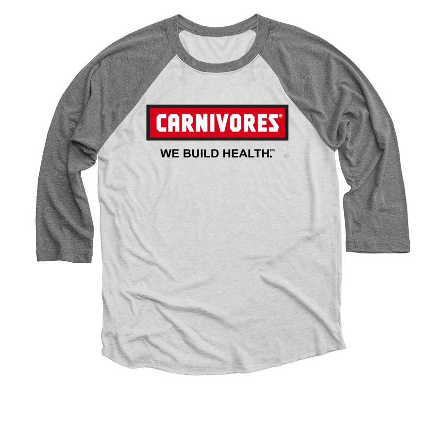 CARNIVORES - WE BUILD HEALTH, a Premium Heather and Heather White 3/4 Sleeve Baseball Tee