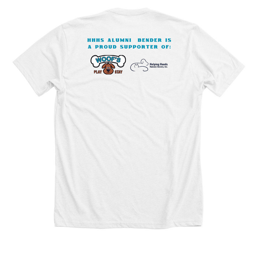 The Many Faces of Bender, a Solid White Blend Premium Unisex Tee (back-view)