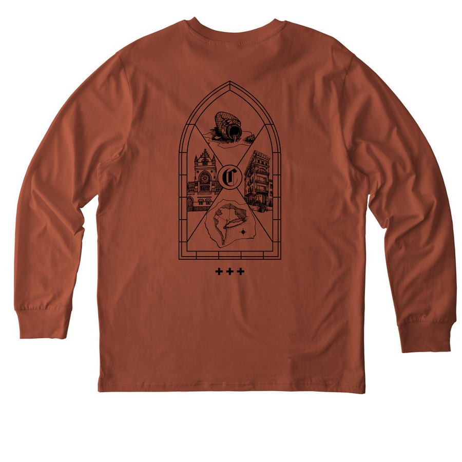 God Comes Where He's Wanted, a Heritage Brown Stanley/Stella Unisex Creator 2.0 Long Sleeve Tee (back-view)