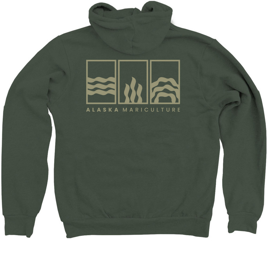 Alaska Mariculture Green Zip, a Military Green Zip Up Hoodie (back-view)