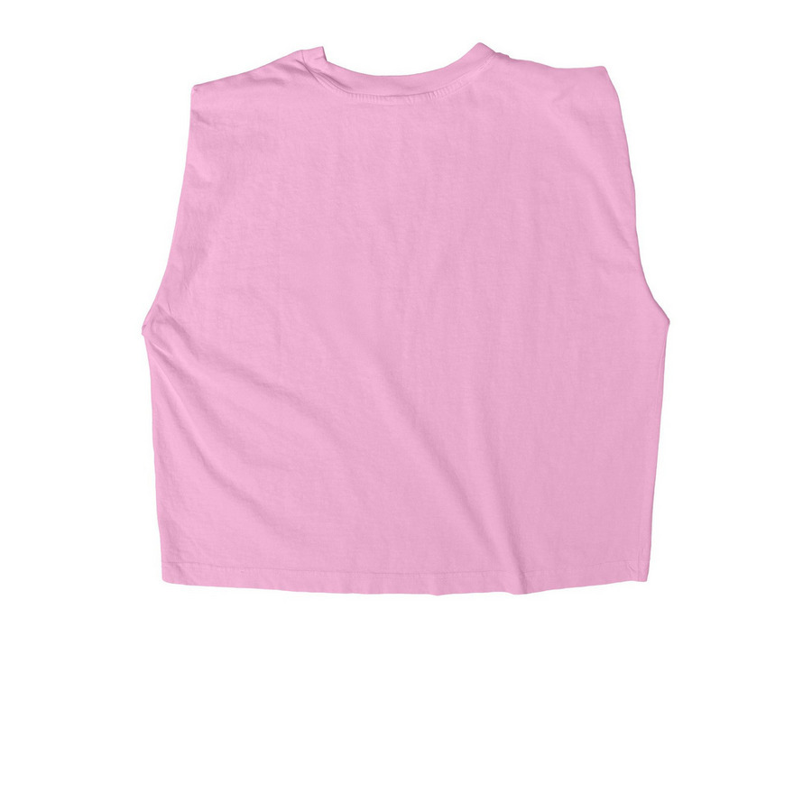 + DECOLONIAL BADDIE +, a Faded Powder Pink Women's Heavyweight Garment Dye Muscle Tee (back-view)