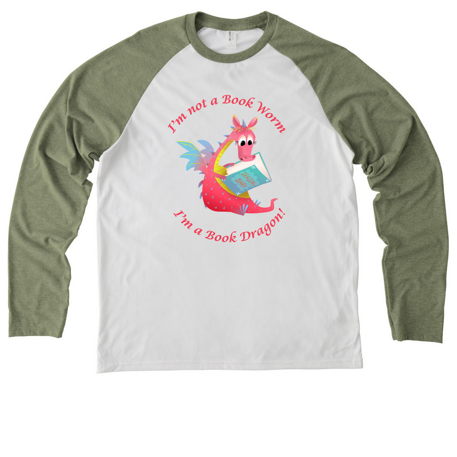 Book Dragons, a Olive You Green/ Bright White Allmade Eco Triblend Colorblock Raglan Long Sleeve Tee