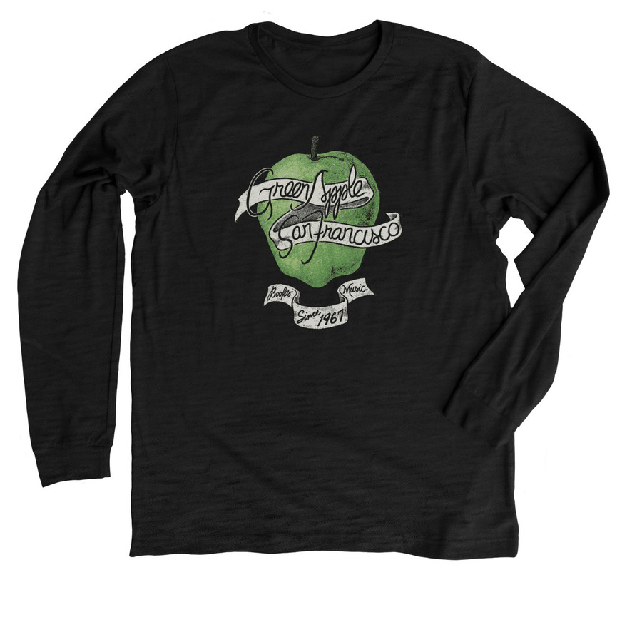 Black Premium Long Sleeve Tee featuring a hand-drawn Green Apple logo and banner illustration.
