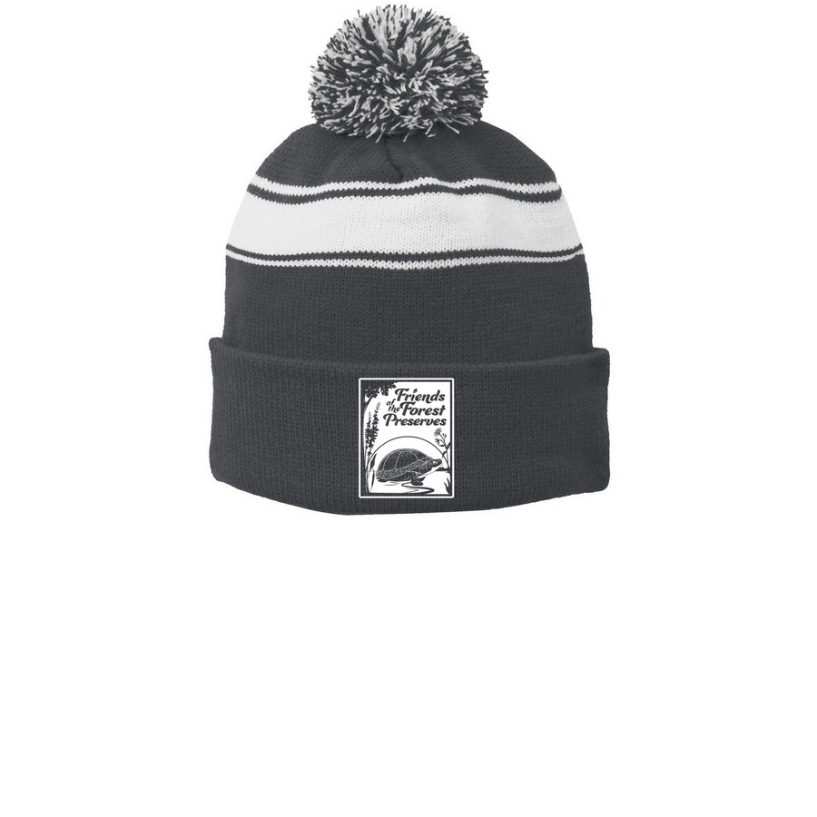 Beanie - Logo, a Iron Grey/ White Printed Stripe Pom-Pom Beanie