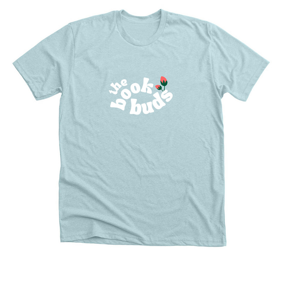 BookBuds Minimalist Logo Shirts, a Heather Ice Blue Premium Unisex Tee