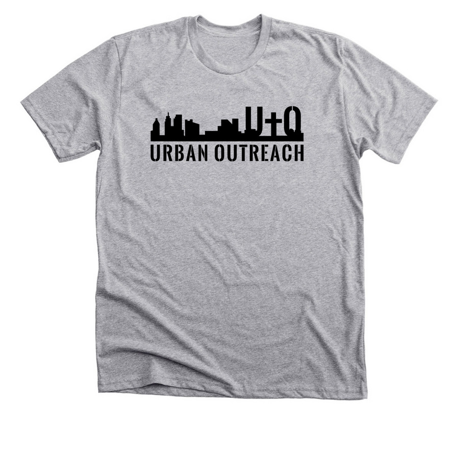 Urban Outreach Black Logo/Jesus Loves On Back, a Athletic Heather Premium Unisex Tee