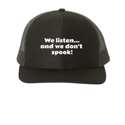 We listen..., a Black Printed Snapback Trucker Cap