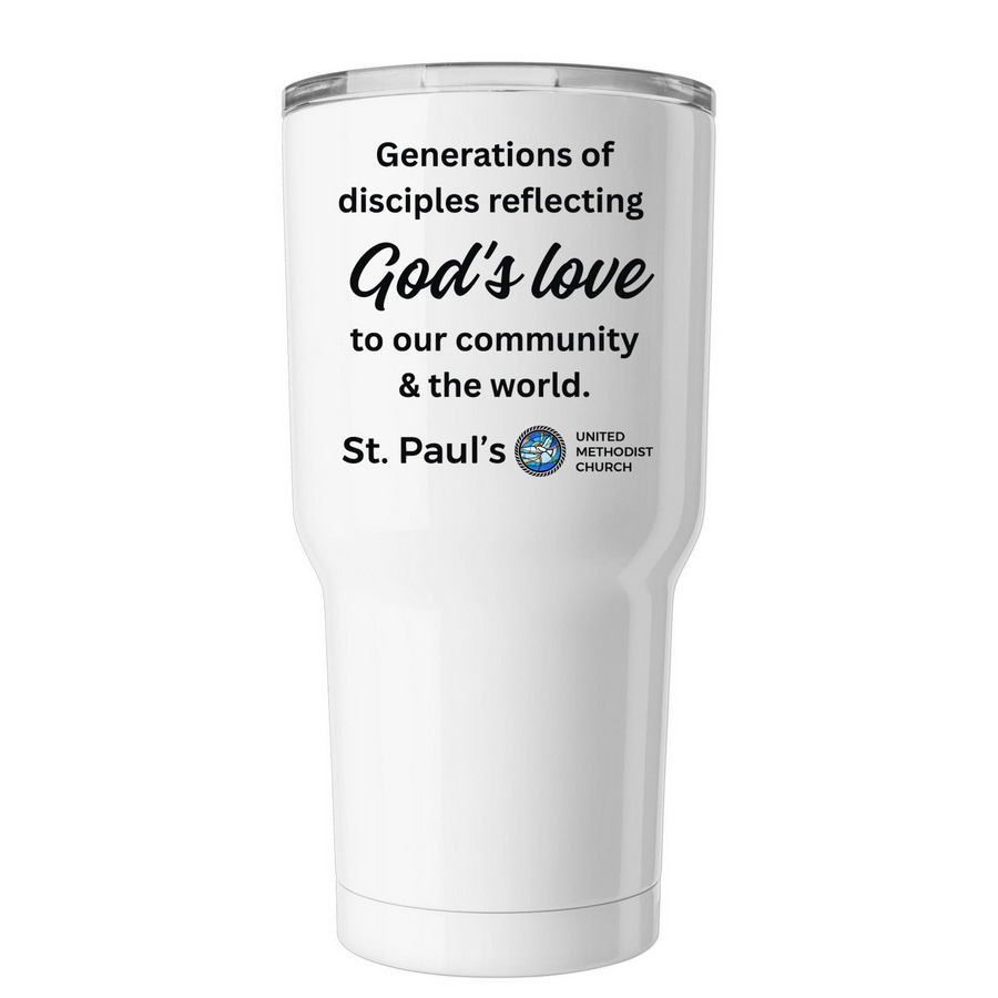 St. Paul's Tumbler, a White Insulated Tumbler (back-view)