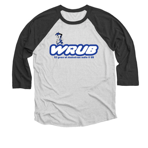 WRUB 90s Throwback, a Black and Heather White 3/4 Sleeve Baseball Tee
