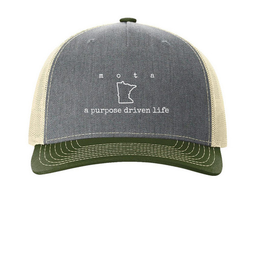 MOTA 2026 Conference: Hat Collection, a Heather Grey/ Birch/ Army Olive Printed Five-Panel Trucker Cap