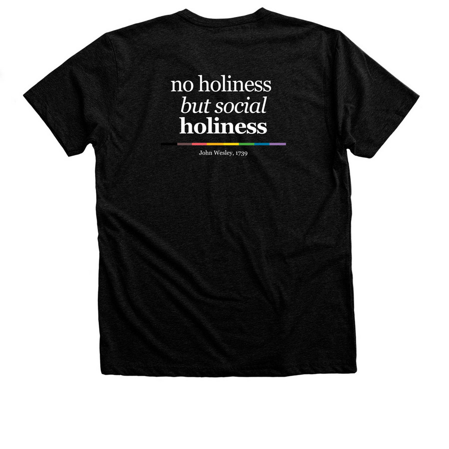 RMN | No Holiness But Social Holiness Tee, a Black Heather Premium V-Neck Tee (back-view)
