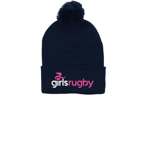 Girls Rugby Winter Beanies, a Navy Printed Pom-Pom Beanie