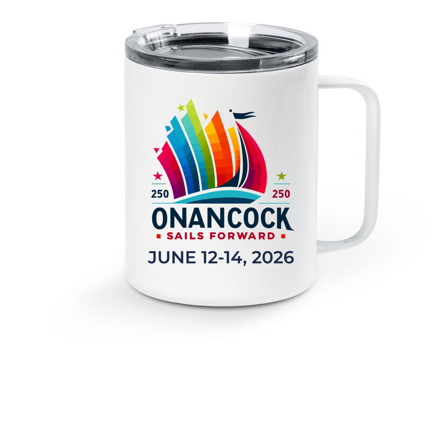 Onancock Sails Forward Travel Mug, a White Stainless Steel Travel Mug
