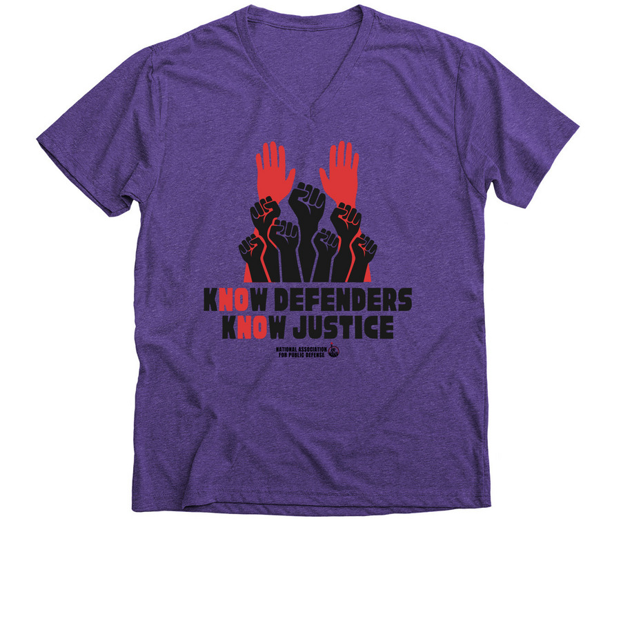 Know Defenders, Know Justice, a Purple Rush Premium V-Neck Tee