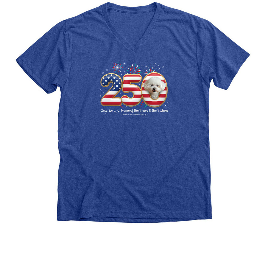 America 250: Home of the Brave & the Bichon, a Heather True Royal Premium V-Neck Tee