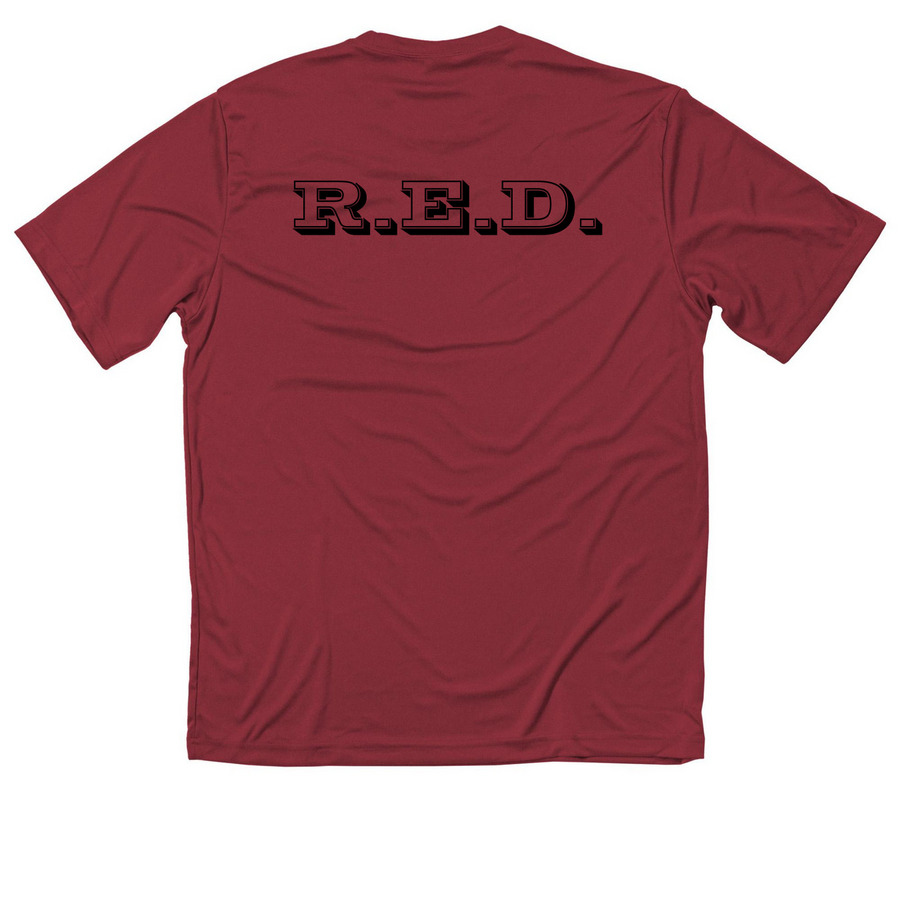 100% Polyester R.E.D., a True Red Classic Performance Tee (back-view)