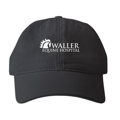 White logo hat, a Black Printed Pigment Dye Baseball Cap