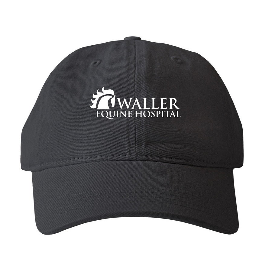 White logo hat, a Black Printed Pigment Dye Baseball Cap