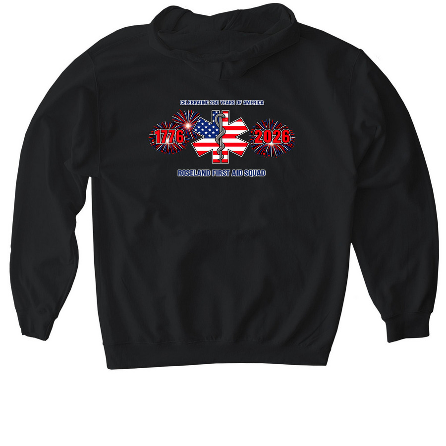 America's 250th with Fireworks, a Black Gildan Softstyle Pullover Hoodie (back-view)