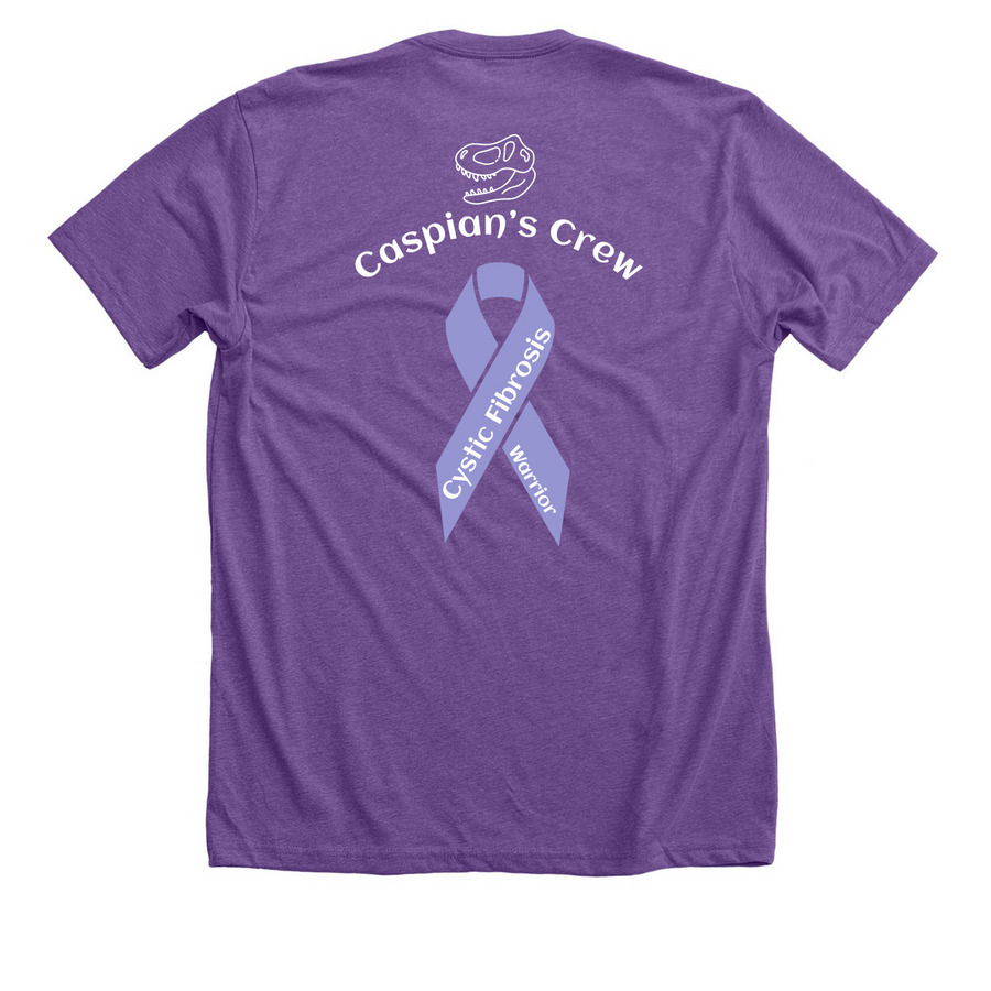 Cystic Fibrosis Awareness- Caspian?s Crew, a Heather Team Purple Premium Unisex Tee (back-view)