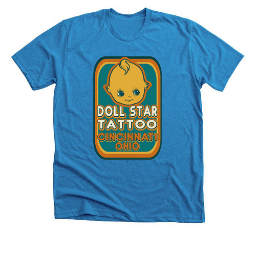 Doll Star Tattoo: 1970's Retro Tee, a Neon Blue Premium Unisex Tee