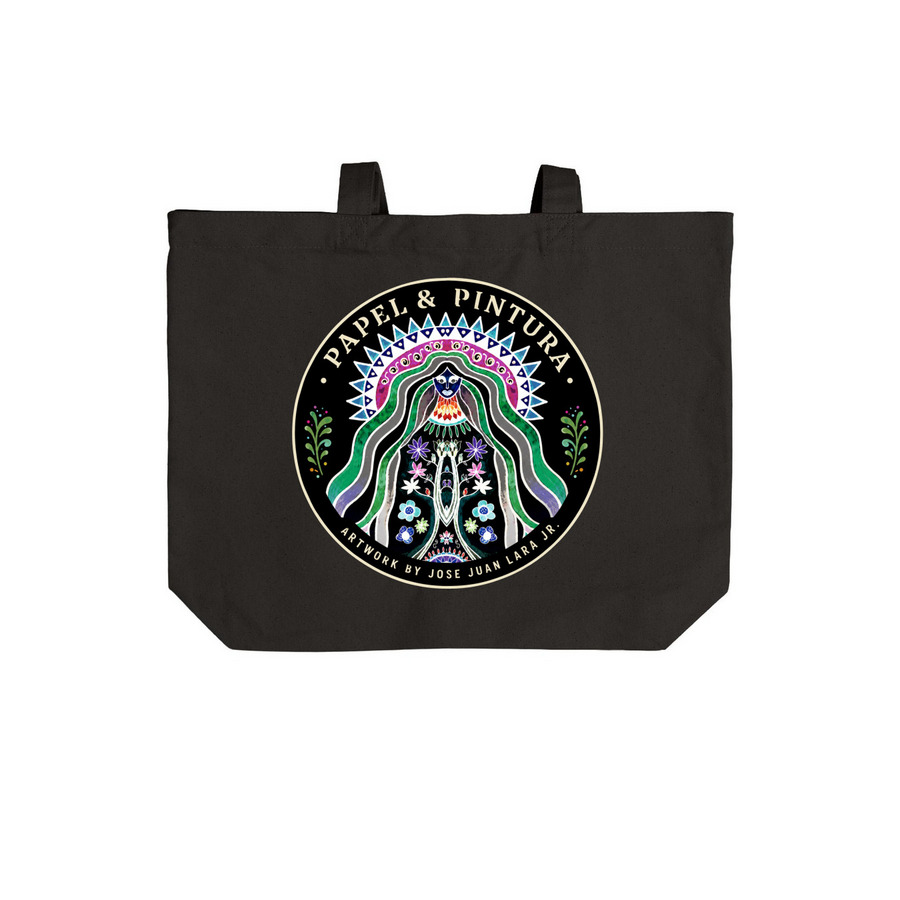 Sacred Bloom, a Deep Black Cotton Canvas Tote Bag (back-view)